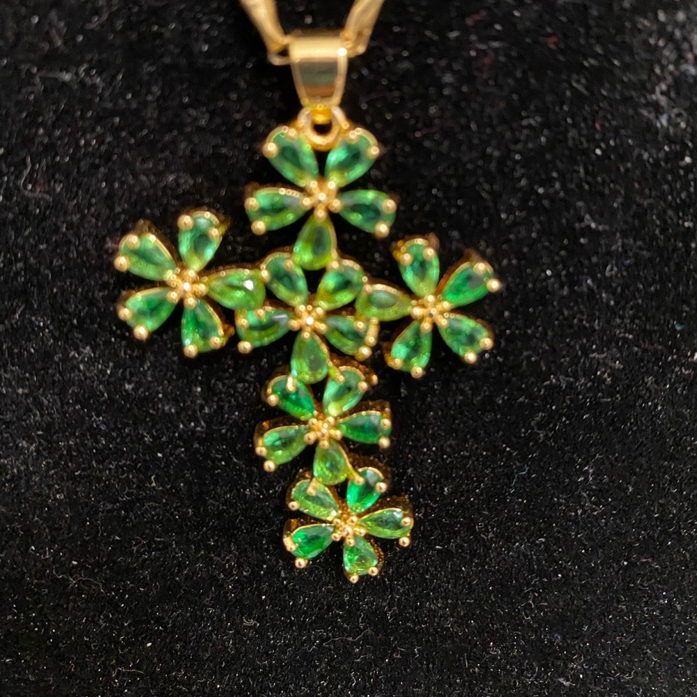 Natural green topaz gold plated cross